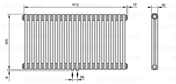 Схема (чертеж) Радиатор Zehnder Charleston 2090/22 №3470 Белый глянцевый RAL 9016